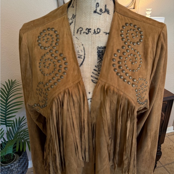 Vocal Camel Brown Western Faux Suede Fringe & Stud Jacket - Picture 2 of 10